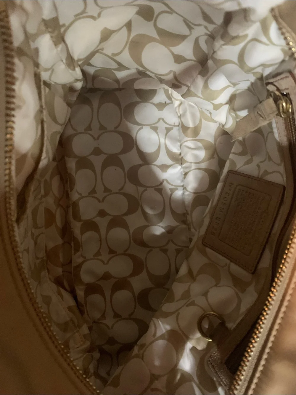 Coach Beige Tote with Tan Leather Trim and Pom Charm